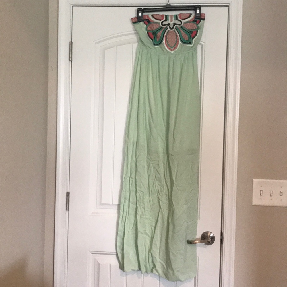 Mint green strapless embroidered maxi dress